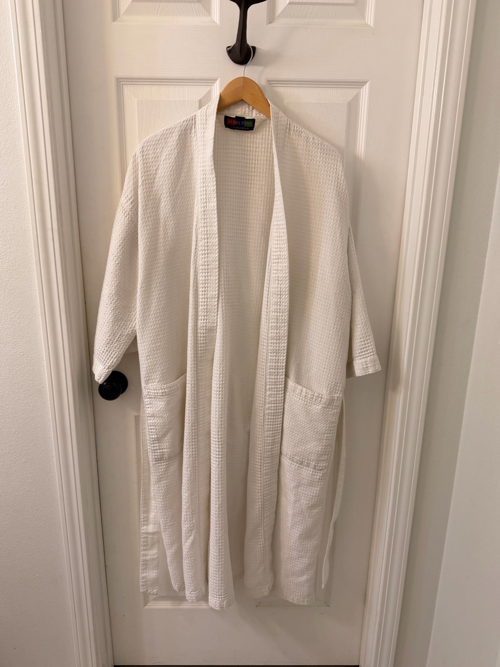 Terry Waffle Knit White Robe with Pockets